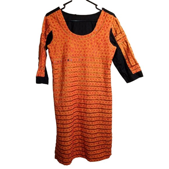 World & Traditional Handmade Orange‎ and Black Kurti Dress -See Measurements - Picture 1 of 6